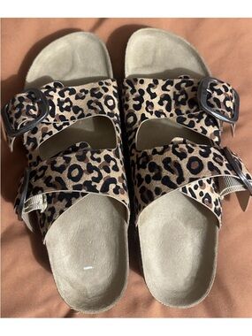MIA Leopard Print Double Buckle Women's Slide Sandals - Beige/Black